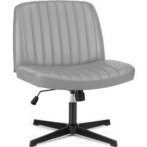 DUMOS Criss Cross Chair Legged Office Wide Comfy Desk Seat, No Wheels Armless Computer Task Seating, Swivel Vanity Home Height Adjustable (Grey-leather)