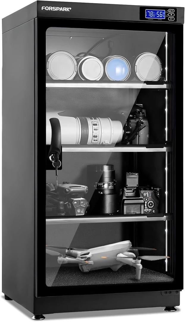 FORSPARK 100L Large Camera Dehumidifier Dry Cabinet, Quiet Humidity Control Storage with Lock & 3 Adjustable Shelves for DSLR, Lenses, Drones, Electronics - 8W Energy Efficient, Black