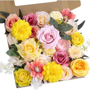 Yellow Pink Flowers Artificial Roses Combo Set Fake Pink Silk Flowers Faux Peony Flowers Mix Dahlia with Stems for Wedding Bouquets Baby Bridal Shower Party Floral Arrangements Decor