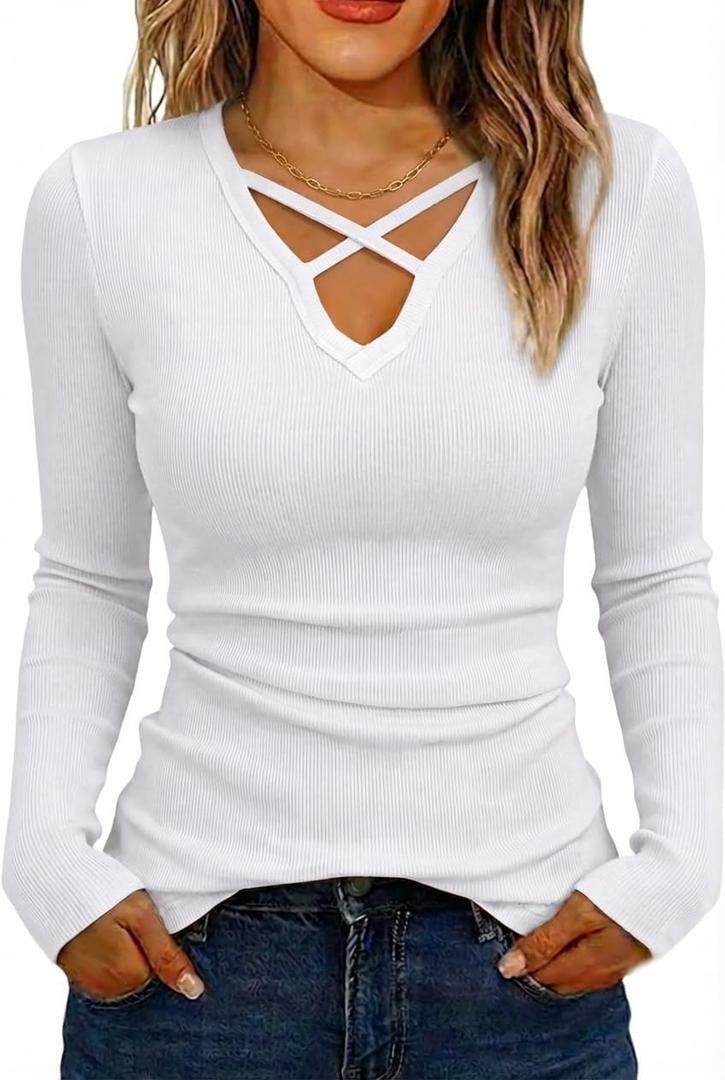 Jar of Love Women's Long Sleeve Shirts for Women Sexy Criss Cross V Neck Ribbed Slim Fit Fall Winter Tops (White, S)