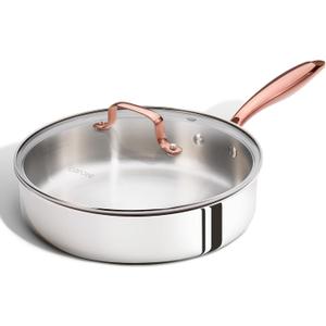 CAROTE 10" Tri-Ply Stainless Steel Deep Frying Pan with Lid, Non-Toxic Saute Pan, Oven Safe, Induction, Ceramic and Gas Cooktops Compatible, Silver, Mothers Day Gifts