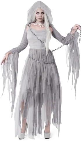 Spooktacular Creations Women Haunting Beauty Dress Ghost Costume with Plastic Chain, Hooded Cape for Adult, Medium