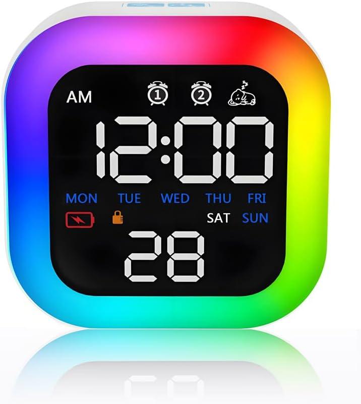 LED Intelligent alarm Clock with RGB Dynamic Ambient Lamp,Mobile Bluetooth Auto Sync To Time,Snooze,Touch Control Light,Sound Control,Mirror function And Dual Colors Display and Rechargeable.White