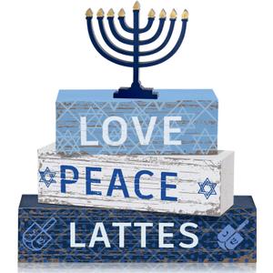 Geelin 4 Pcs Hanukkah Decorations for Home 3 Layered Wood Block with Dreidel Star of David Menorah Hanukkah Decor Blue and White Jewish Judaism Chanukah Decor for Mantel Tabletop Party
