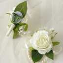 Meldel Wrist Corsage and Boutonniere Set(2pcs), Ivory White Artificial Silk Rose Pearls Bracelets Corsage for Bride, Groom Best Man Boutonniere Wedding Flower Accessories Prom Ceremony Party Decor
