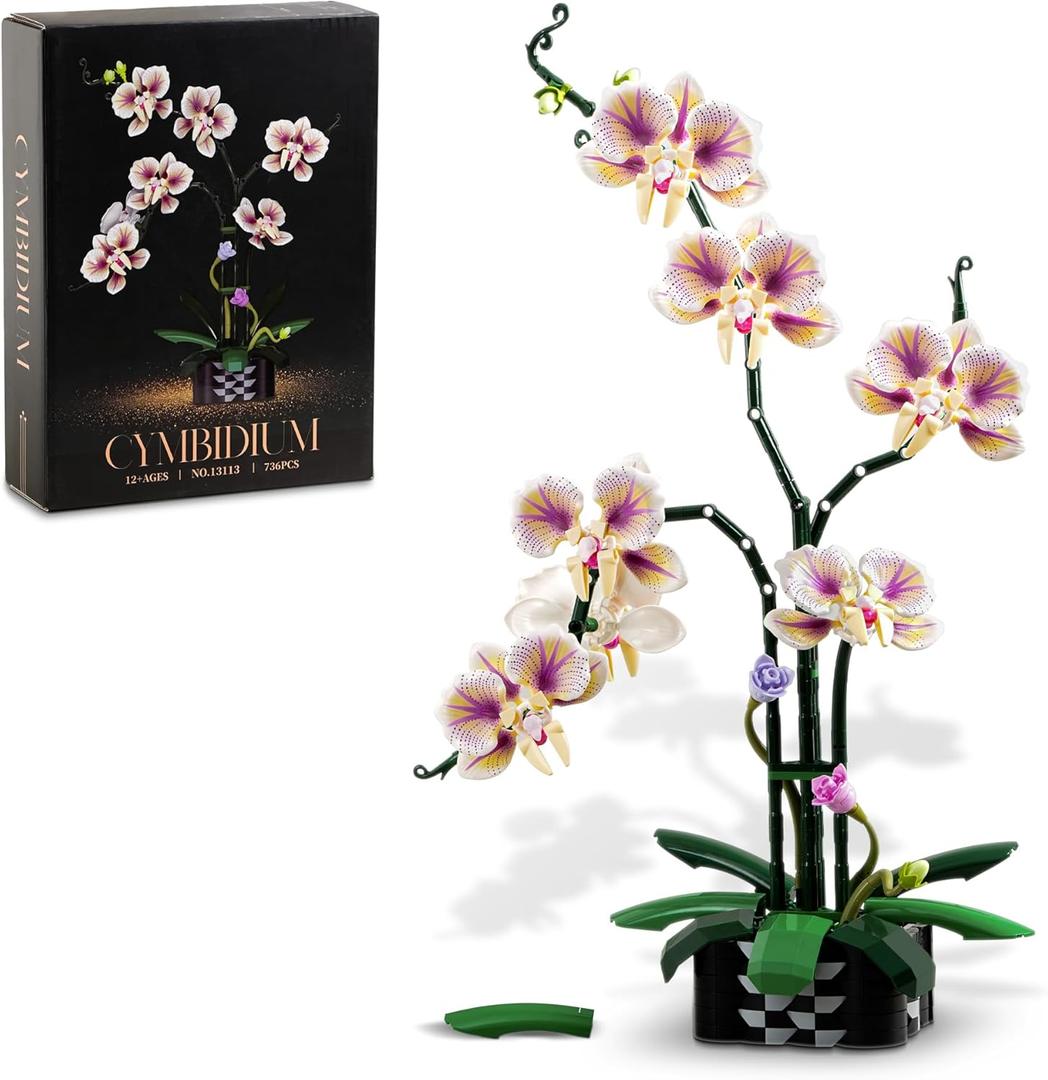 Orchid Flower Building Sets with Vase, Artificial Fake Flowers Building Blocks Toys for Botanical Collection&Indoor Plant Decorations for Table, Desk, Office(736Pcs)