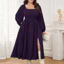 SCOMCHIC Women's Plus Size Fall Dresses Long Sleeve Square Neck Smocked Flowy A-Line Formal Wedding Guest Maxi Dress (XXL)