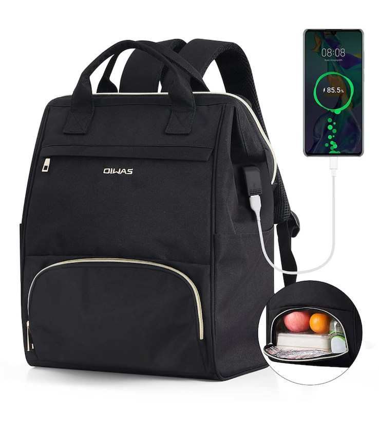 OIWAS Lunch Backpack for Women and Men, 15.6 inch Laptop Backpack with Insulated Compartment, Work Backpack with USB Port, Lunch Bag Suitable for Travel Work Picnics Hiking, Black