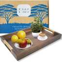 Large Wooden Ottoman Tray with Golden Handles for Serving Food, Decorative Serving Platter for Breakfast, Dinner & Bar, 17.5x11.8in Rustic Storage Tray for Kitchen, Bedroom & Gift Packaging