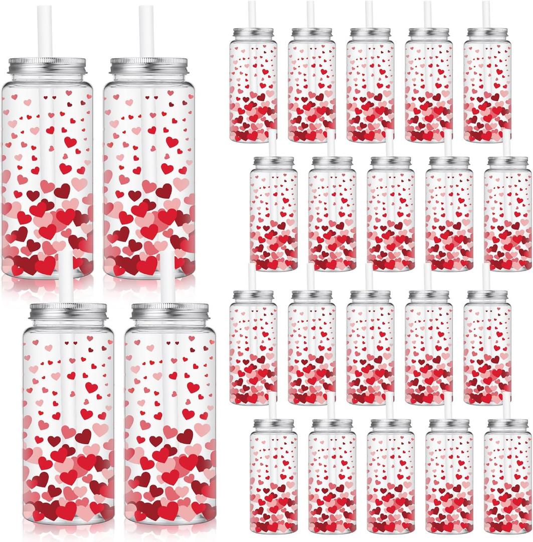 Meanplan 24 Pcs Valentines Gift Bulk 13.5 oz Red Heart Plastic Cup with Lids and Straws Romantic Reusable Tumbler Drinking Mugs for Adults Valentines Wedding Bridal Party Favors Supplies