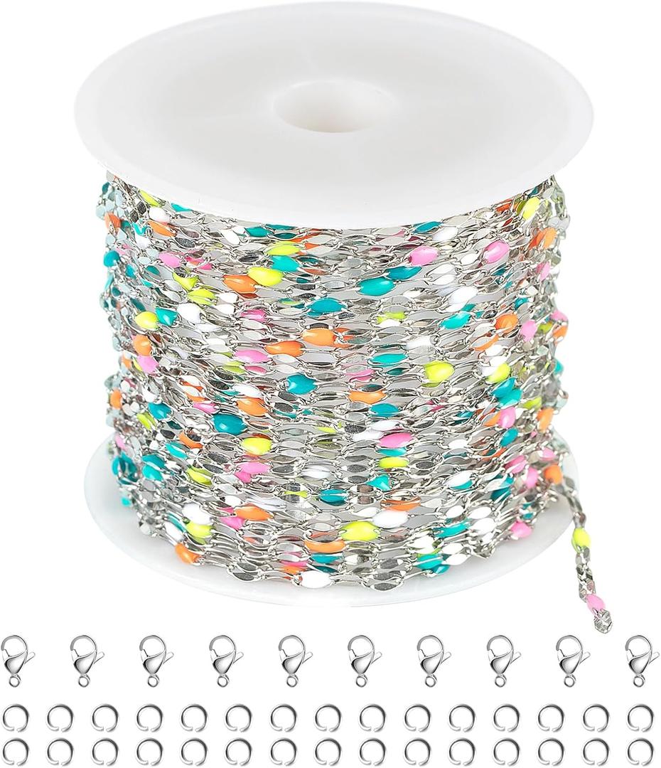 UMAOKANG 16.4 Feet Stainless Steel Chain for Jewelry Making Dainty Chain Necklace for Women Colorful Enamel Link Chain with Jump Rings and Lobster Clasps (Steel-Multicolored 1(yellow blue))