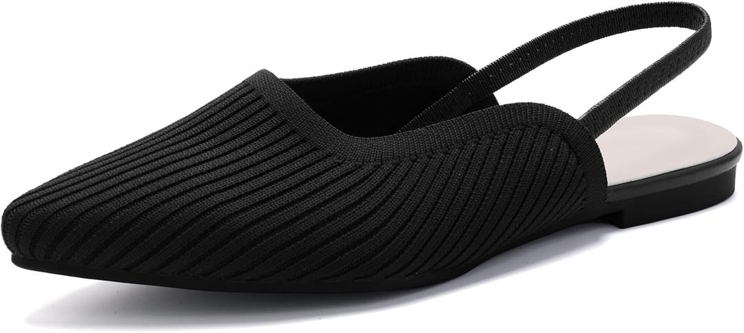 Slingback Flats for Women Pointed Toe Flats Breathable Knit Comfortable Dressy Casual for Work Office Ballet Flats (8.5, Black)