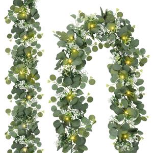 N&T NIETING 2 Pack Artificial Eucalyptus Garland with Lights, 6FT Artificial Greenery Garlands, Battery Operated Twig Vine for Room Stairs Mantle Wedding Holiday Easter Decoration Indoor Outdoor