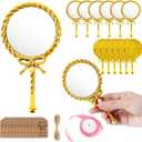 12 Pcs Vintage Handheld Mirrors with Handle, 6" L x 3.3" W Portable Hand Held Embossed Flower Compact Mirror with Ribbon and Thank You Tags for Women Face Makeup Travel (Gold)