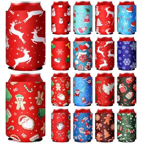 CHENGU 16 Pcs Christmas Beer Can Cooler Sleeves 12oz Funny Neoprene Xmas Beer Can Cover Non Slip Reusable Colored Drink Soda Covers for Christmas Party Supplies
