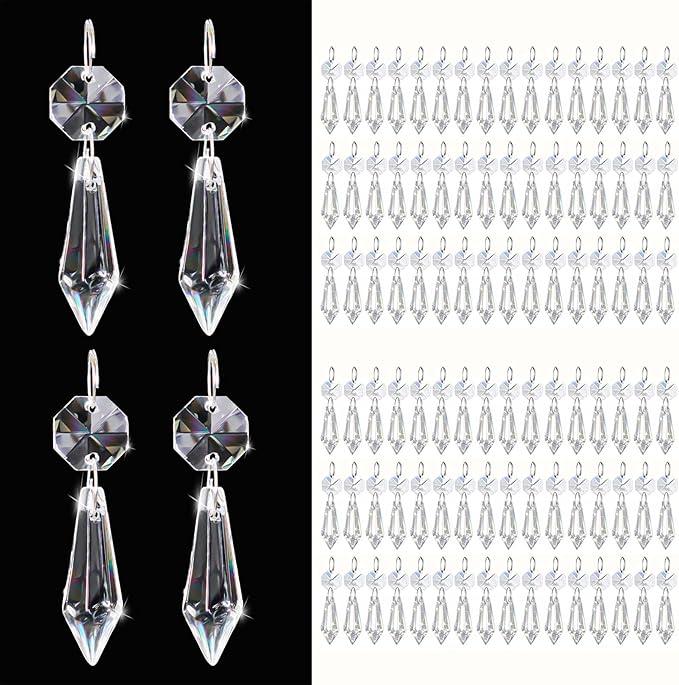 100PCS Premium Clear Crystal Glass Drops 2.4"  MultiPurpose Hanging Prisms Bulk for Holiday Party/Home/Window Decoration/Chandelier Replacement Parts