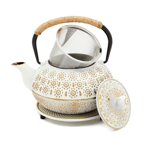 Juvale Stovetop Cast Iron Tea Kettle with Infuser - Superior Heat Retention Loose Leaf Tea Pot - Built-In Teapot with Strainer - Includes Trivet & Infuser Kettle - White, 27 Oz (800 ml)