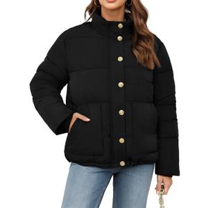 Funlingo Women's Cropped Puffer Jacket Winter Stand Collar Zip Up Snap Button Warm Lightweight Short Quilted Coat (Black, S)