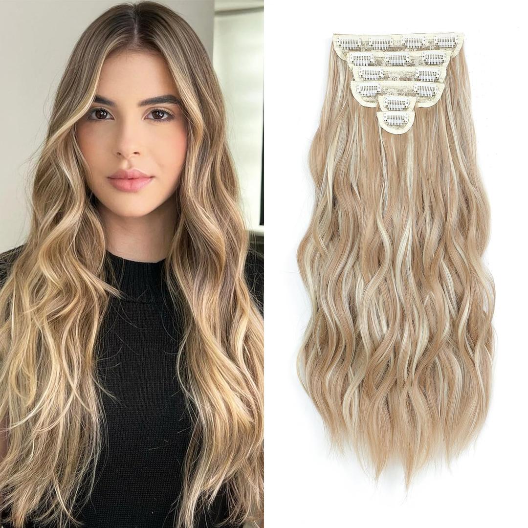 Clip in Hair Extensions, 6 PCS Natural & Soft Hair & Blends Well Hair Extensions, Synthetic Long Wavy Hairpieces(24inch, 6pcs,Honey Blonde with Platinum Highlights)