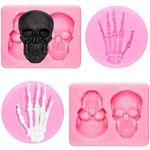 Patelai 4 Pcs 3D Halloween Skull Silicone Mold Skeleton Hands Fondant Cake Pan Mold Pumpkin Maple Leaf Chocolate Candy Clay Mould for Party DIY Cake, Pudding,epoxy Resin(Pink,Skull)