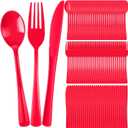 300 Pcs Plastic Silverware Heavy Duty Cutlery Set Plastic Utensils Set Includes 100 Disposable Spoons 100 Forks Knives for Parties Catering Family Gathering(Red)