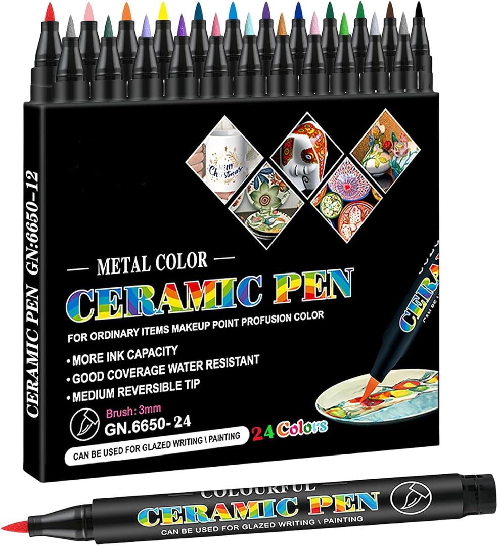 Permanent Marke Ceramics Pens 24 Colors Porcelain Paint Brush Pen for Both Glazed and Unglazed Ceramics Christmas Decoration Wine Markers for Adults