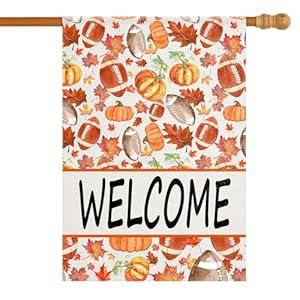2 x Fall Garden Yard Flag 28 x 40 Inch Outside Double Sided Burlap Pumpkin Rugby Maple Leaf Welcome Flag Farmhouse Holiday Patio Lawn House Outdoor Decorations (Multicolor)