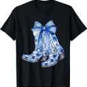 Coquette Blue Floral Boots Bow Cowboy Cowgirl T-Shirt (Small, Black)