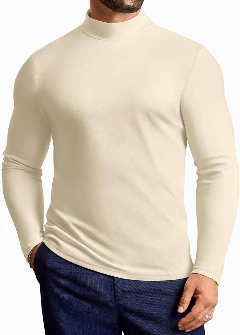 Vssjavun Mens Mock Turtleneck Long Sleeve Shirts Casual Slim Fit Undershirt Lightweight T-Shirt for Outdoor & Business (Large, Beige)
