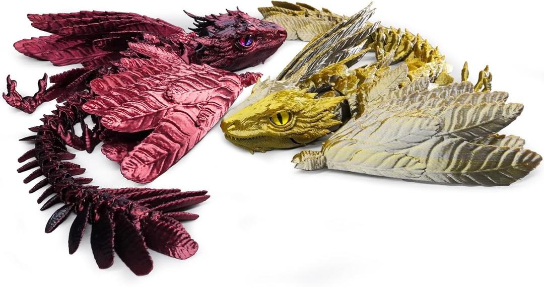 2 Pack Feathered Wyvern 3D Printed Articulated Dragon, Collectible Fantasy Dragon Figure for Anxiety Relief, Desktop PetStarguardian+Bloodflare