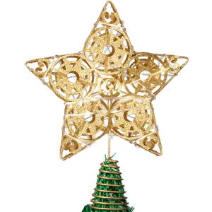 JOIEDOMI 10 inch Christmas Star Tree Topper, Metal Glitter Gold Star Tree Topper with 20 LED Warm White Lights, Battery Powered for Xmas Tree Decor Home Holiday Xmas Party Indoor Decor