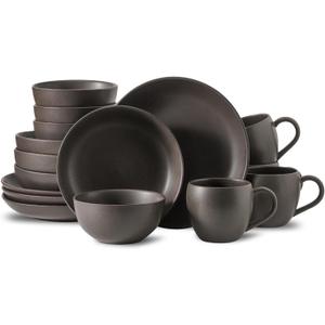 Dinnerware Sets, Stoneware Plates and Bowls Sets, Farmhouse 16 Piece Dish Set for 4, Ceramic Plates Set with Mugs for Kitchen, Scratch Resistant, Dishwasher & Microwave Safe, Matte Black