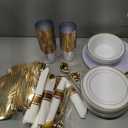 MirthMood 350Pcs White and Gold Dinnerware Set,Plastic plates Includes:50 Dinner Plates, 50 Dessert Plates, 150 Gold Plastic Cutlery,50 Paper Towels & 50 Cups for Party&Wedding