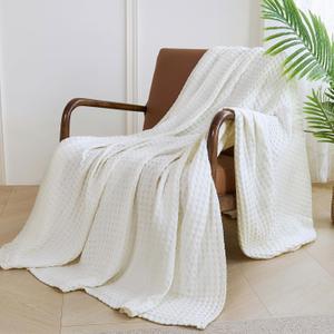 Aganear Waffle Blanket - Lightweight Breathable Summer Blanket of 50% Cotton and 50% Rayon Derived from Bamboo for Hot Sleepers Luxury Throws for Bed, Couch and Sofa,White,66x90 Inches (Twin)