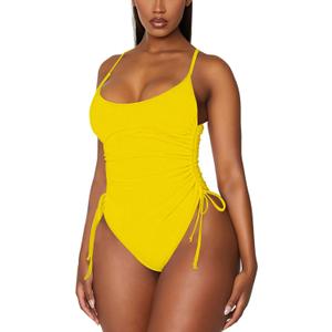 Viottiset Women's Ruched High Cut One Piece Swimsuit Tummy Control Bathing Suit Monokini (Large, Yellow)