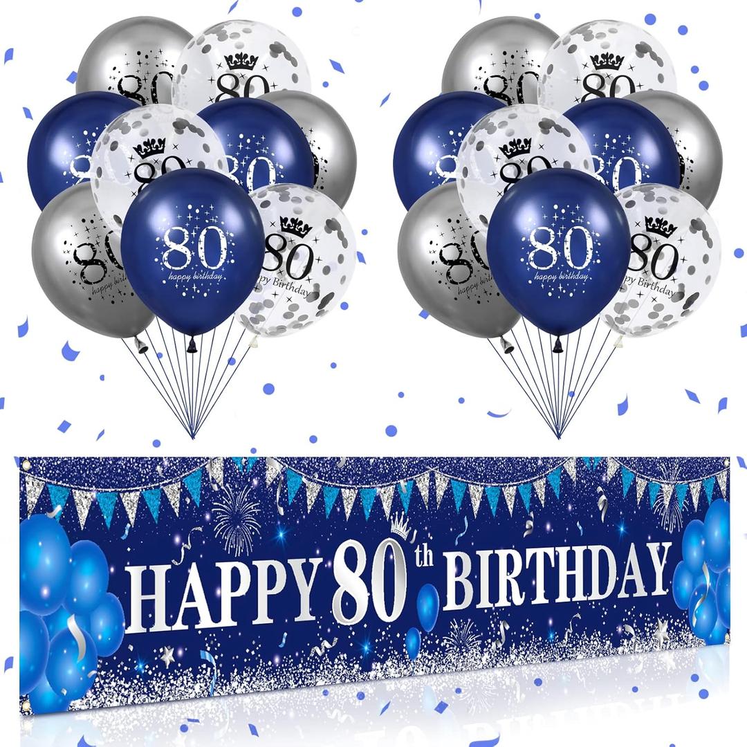 Blue 80th Birthday Decorations for Men Women, Navy Silver Happy Birthday Yard Banner, Balloons for Anniversary Party Supplies