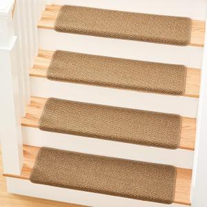 MBIGM Bullnose Non-Slip Stair Treads w/Reusable Adhesive 14 Pack 9.5" x 30" Wooden Steps Protection - TPU Backing with Steel Reinforcement - Anti-Slip Solution Knitted Brown Non Slip Stair Tread