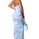 xxxiticat Women's Tie Dye Slit Maxi Dress Sleeeveless Halter Neck Sky Blue Color Block Drawstring Ruched Bodycon Dresses(BE,M) (Blue, M)