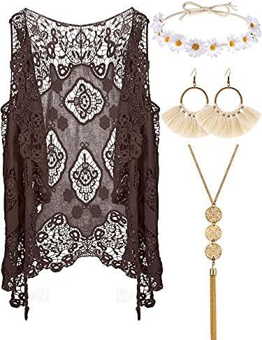 WILLBOND 4 Pcs Halloween 60s 70s Outfits for Women Hippie Costume 70s Costume Tops Accessories Women Fringe Hippie Vest