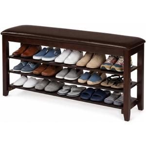 3-Tier Shoe Bench 47" Solid Wood Leather Cushion Shoe Storage Bench