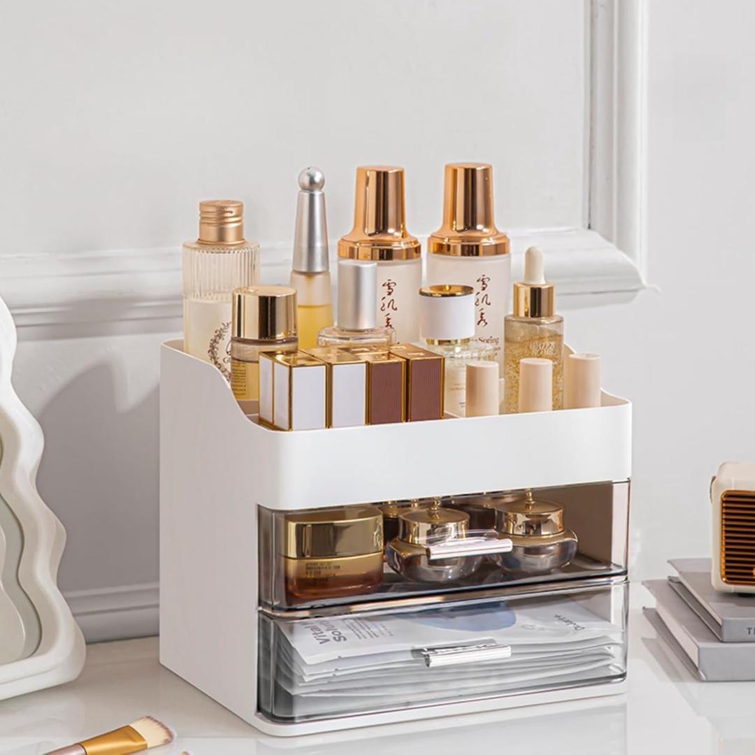 Makeup Organizer for Vanity, Vanity Organizer with 2 Drawers, Makeup & Skincare Organizers Countertop, Cosmetic Display Case, Vanity Storage Box(White)