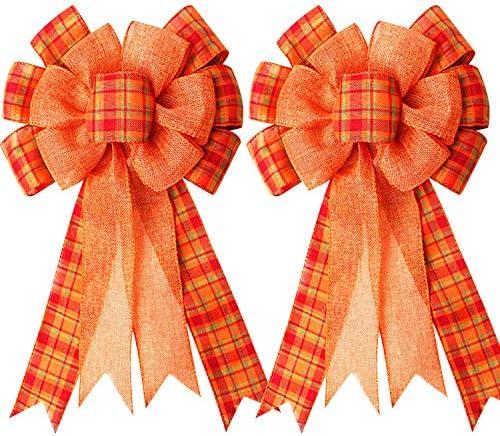 Extra Large Fall Wreath Gift Bow -18.8x10.6inch Orange Buffalo Plaid Check Wreath Bow Swag Bows Thanksgiving Wreaths Pre-Tied Bows for Fall, Thanksgiving, Christmas, Home Indoor Outdoor Ornaments