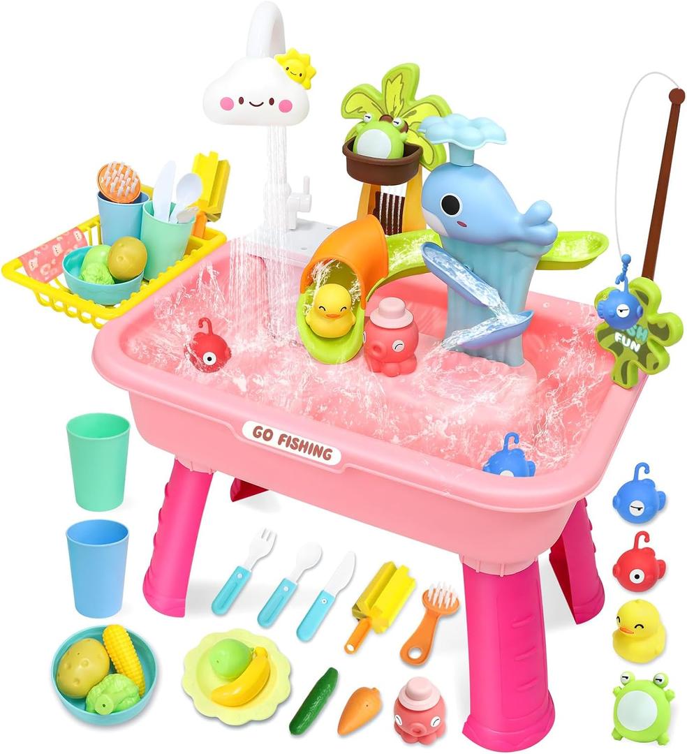 Water Play Table for Toddlers 1-3, Kids Play Sink with Electric Faucet, Outdoor Water Table with Fishing Game, Summer Baby Water Sensory Toy for Toddlers 1-3 Years(Pink)
