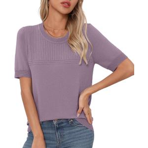 Bettysays Womens Short Sleeve Sweaters Summer Tops Crew Neck Hollow Out Pullover Shirt Lightweight Knit Sweaters (Large, A-06 Lavender Purple)