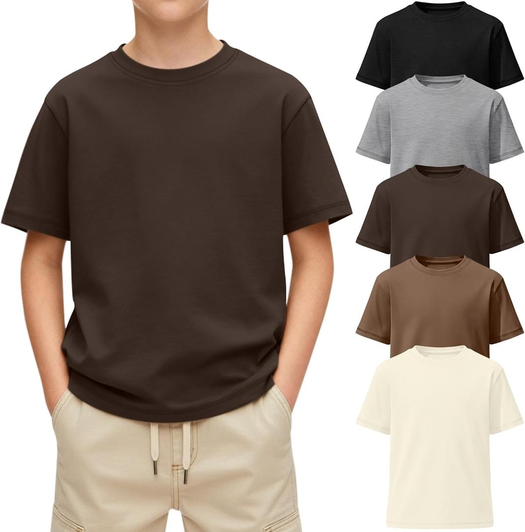 Oakgarden 5 Pack Boys Short Sleeve T-Shirts 5-16Y Kids Crew Neck Layering Casual Tops Summer Loose Fit Basic Shirts Tees (Gray, XS)
