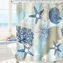 Beach Ocean Themed Shower Curtain, Cute Nautical Coastal Shower Curtain for Bathroom Decor, Summer Tropical Seashell Starfish Coral Fabric Shower Curtain Set with Hooks, Teal Blue, 72x72