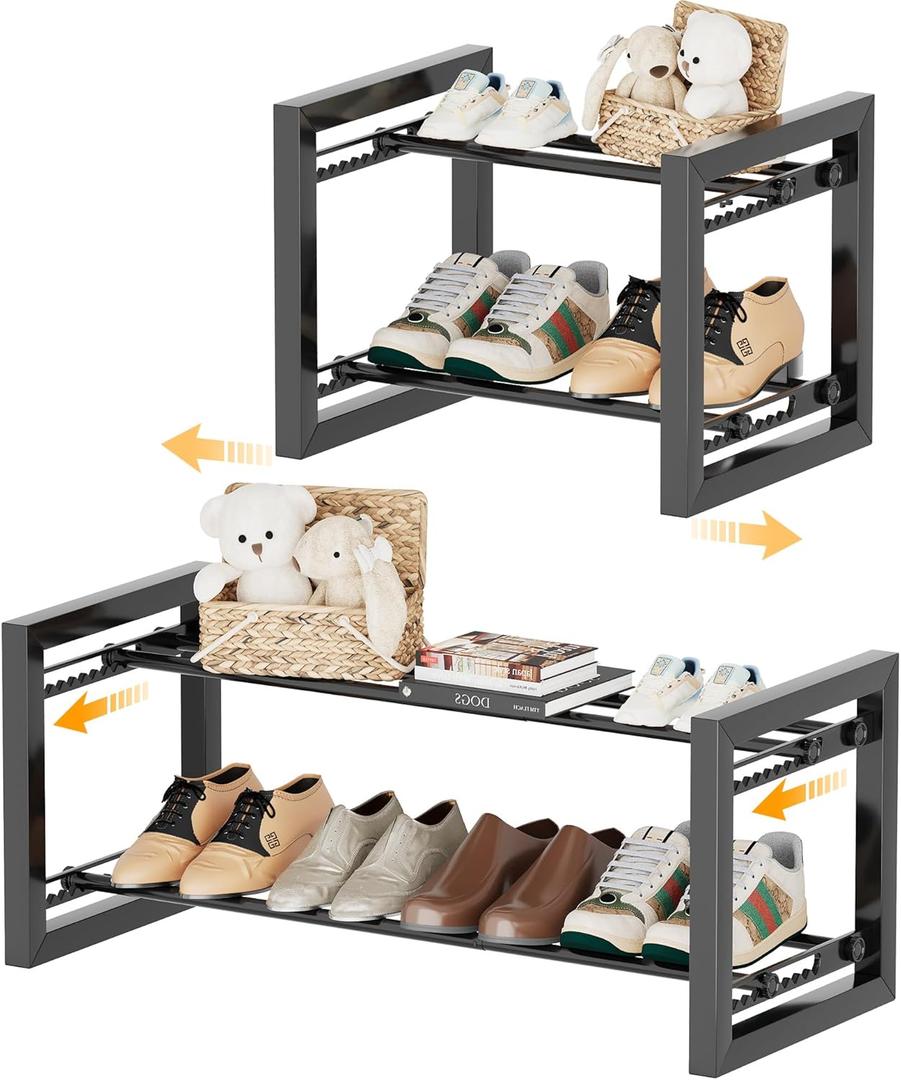 Homeiju Expandable Shoe Rack, 2 Tier Metal Shoe Shelf, Adjustable Shoe Stand for Sneakers, Boots, Heels, Heavy-Duty Steel Standing Shoe Organizer for Entryway, Closet, Bedroom, Black