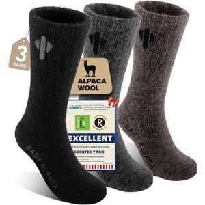 Alpaca Socks for Men and Women, Heavyweight Thermal Thick Warm Alpaca Wool Boot Sock for Hunting, Hiking, Moisture Wicking (Large, (3pairs)-Black& Dark Gray & Walnut Brown)