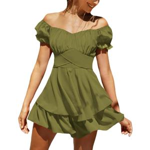 LYANER Women's Tie Back Off Shoulder Wrap Layer Ruffle A Line Short Sleeve Casual Mini Dress, XS