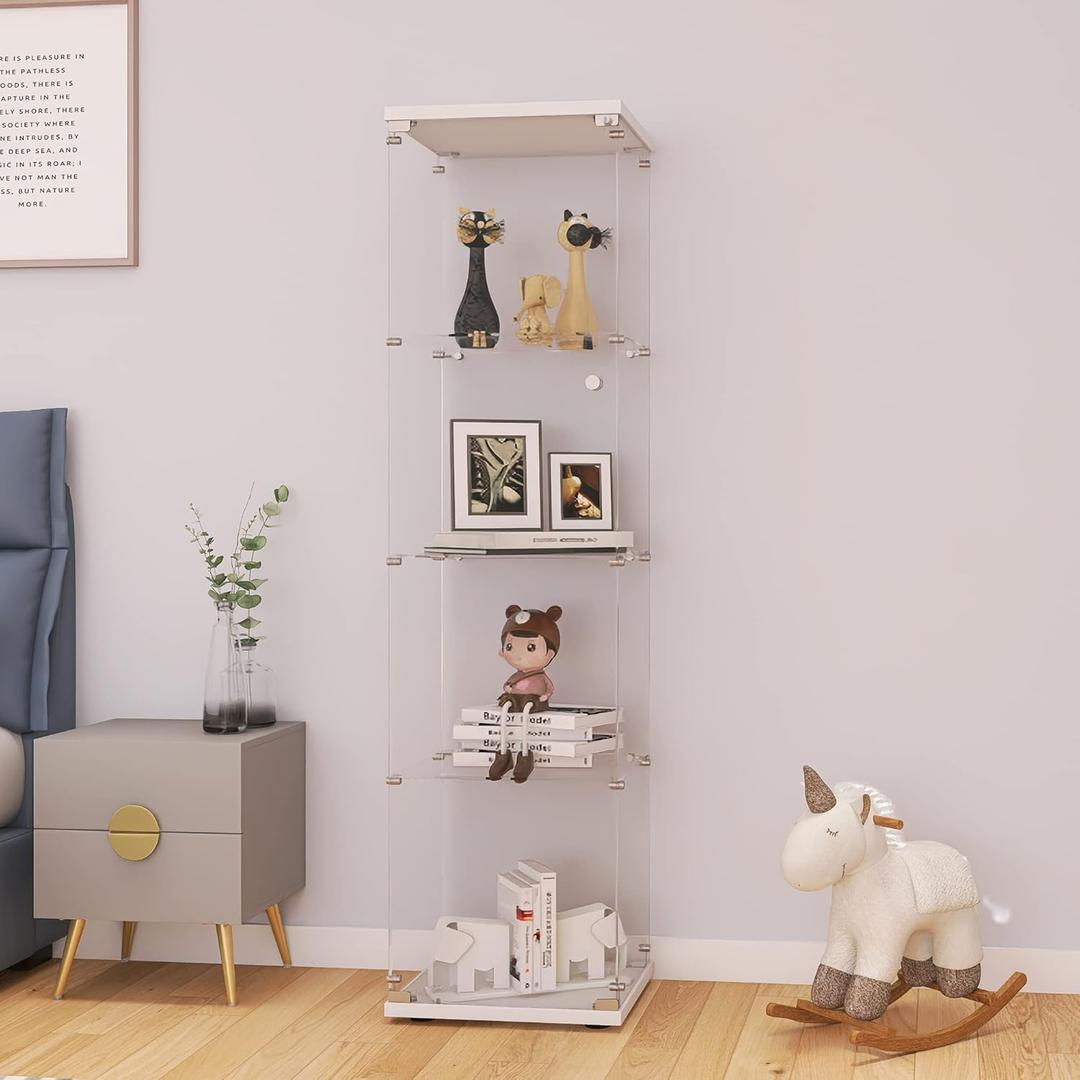 LFT HUIMEI2Y Glass Display Cabinet 4-Shelf with Door and Lock, Curio Cabinets Upgraded Quick-Install Style Tempered Glass Floor Standing Bookshelf for Bedroom, Living Room 65x 17x 14 White